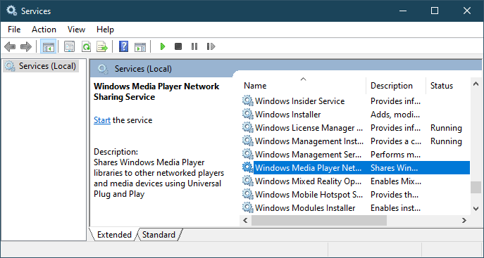 windows media player network sharing service