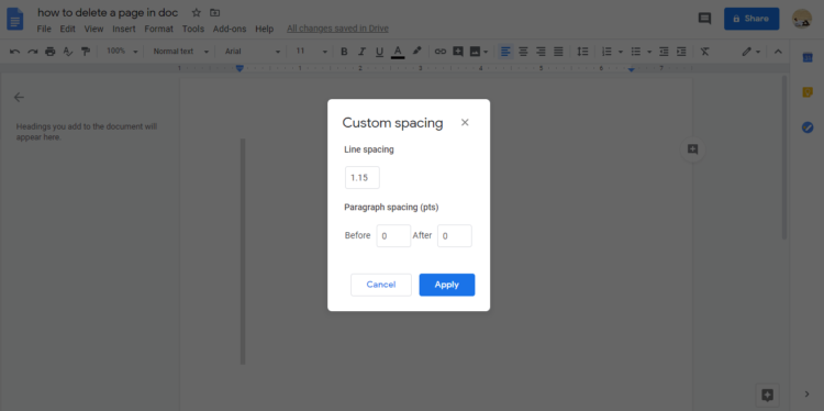 How to delete a page in Google Docs use custom spacing