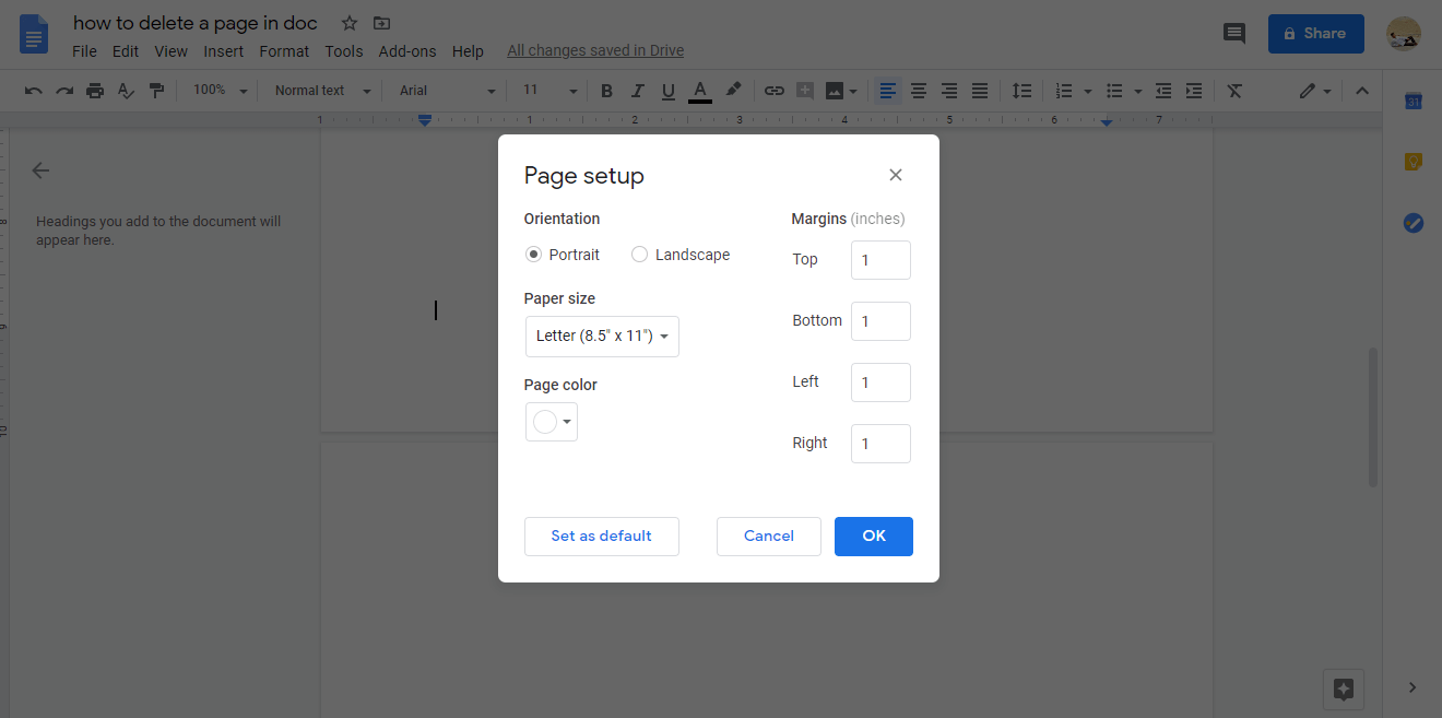 How to delete a page in Google Docs adjust the margins
