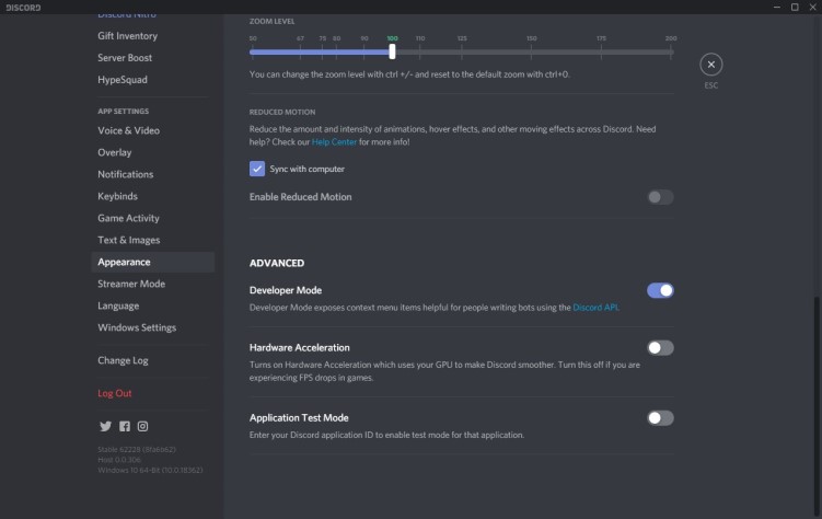 how to report someone on discord, enable developer mode on discord-hardware accelaration.PNG